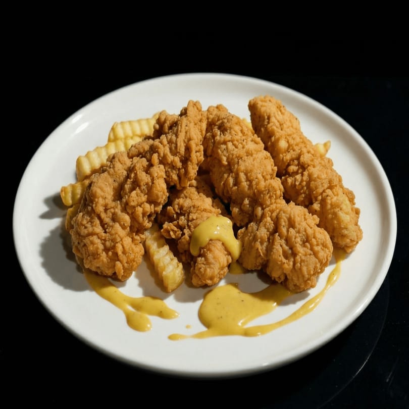 Crispy fried chicken tenders and crinkle-cut fries with honey mustard sauce on a white plate.