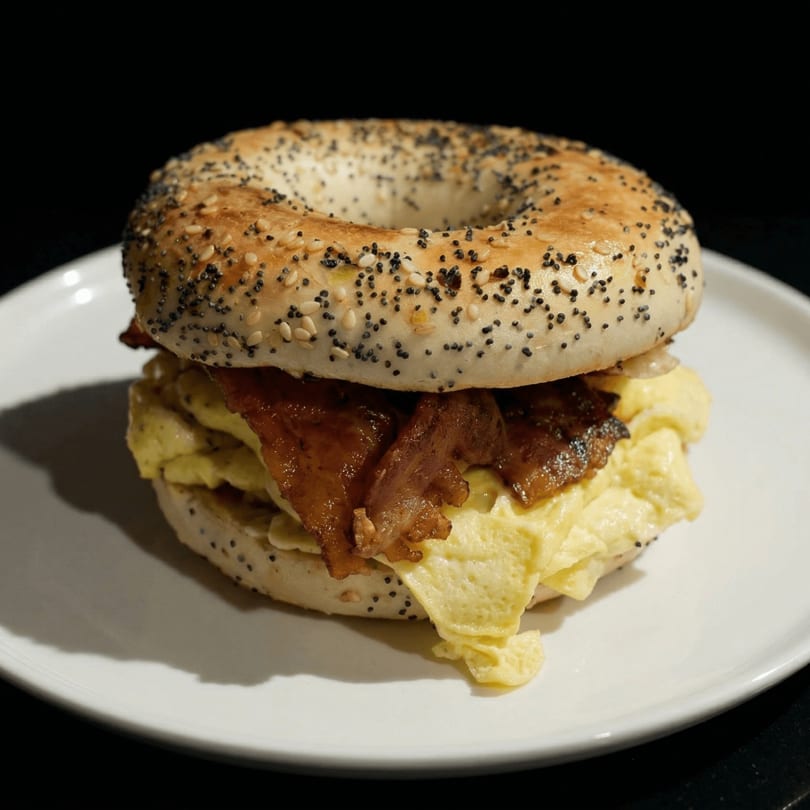 Everything bagel with scrambled eggs and crispy bacon on a white plate.