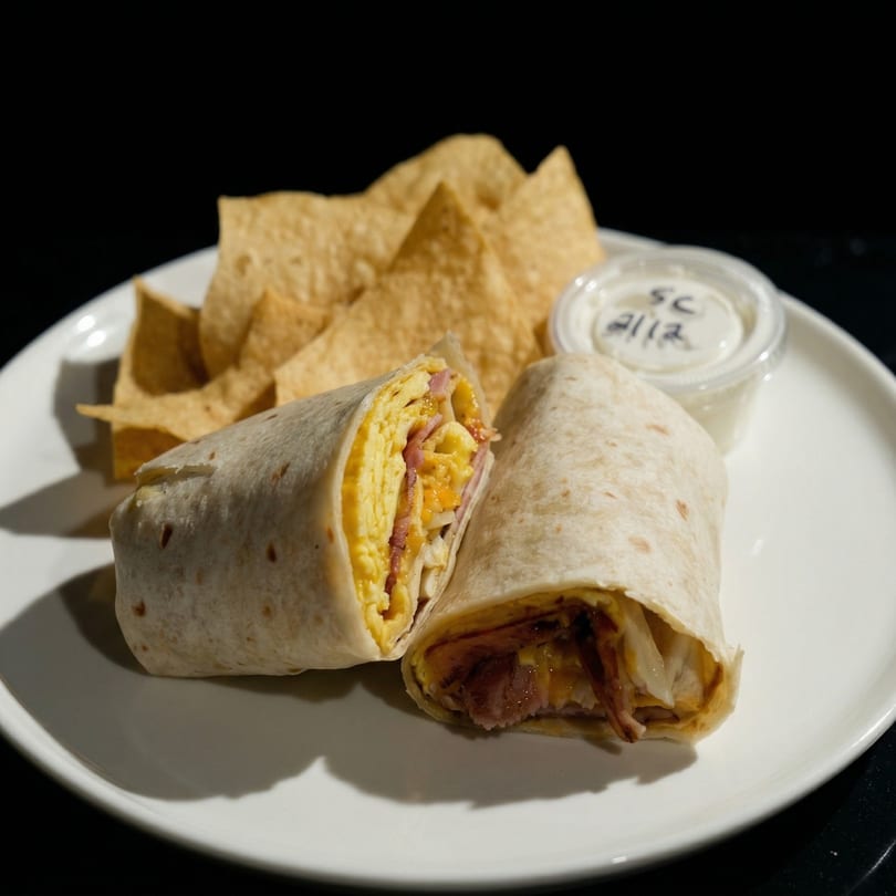 Breakfast Burrito served with tortilla chips